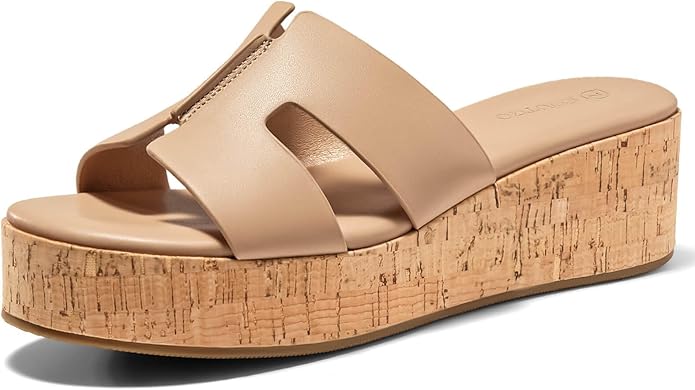 Coutgo Womens Platform Wedge Sandals Open Toe Slip On Slides Cork Heeled Comfortable Shoes
