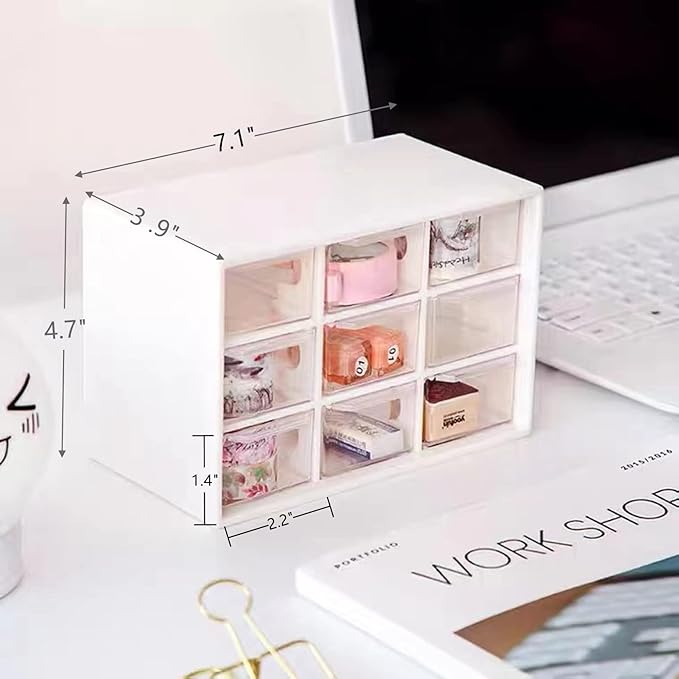 Feadily 2PCS Small Drawer Organizer for Desk, Desktop Drawer Organizer with 9 Clear Drawers, Plastic Desktop Storage Drawers 7.1 Inch x 3 .9 Inch x 4.7 Inch, White