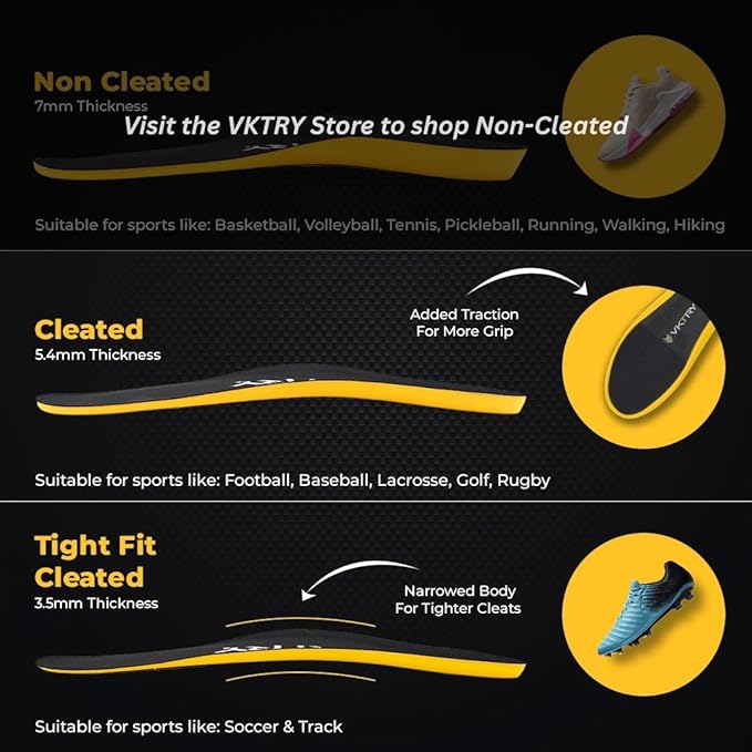 VKTRY Gold for Cleated Shoes - Carbon Fiber Performance Insoles Customized Athletic Inserts for Football, Baseball, Soccer, Golf, Lax & More | Run Fast, Jump High, US M15-15.5, W17-17.5, >220lb