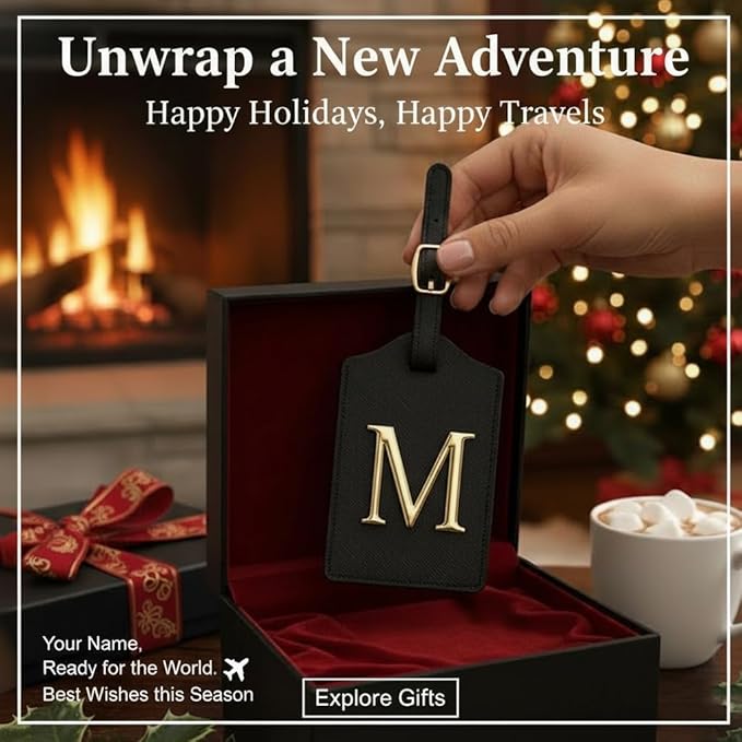 Personalized Initial Letter Luggage Tag for Suitcases PU Leather Baggage ID Tag with Metal Alphabet,Travel Accessory for Backpacks, Bags and Gift for Travelers (Black/Gold-Letter, M)