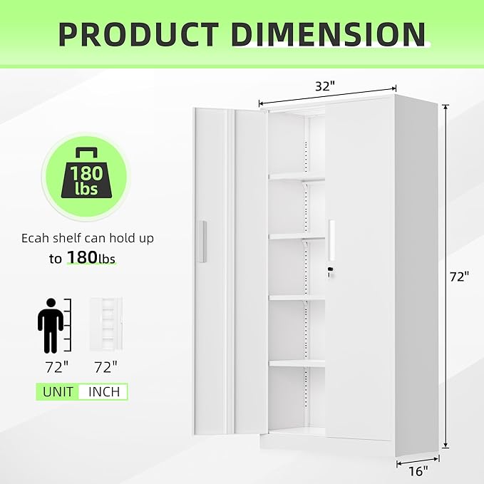 INTERGREAT White Metal Storage Cabinet, 72" Locking Steel Cabinets with 2 Door and 4 Adjustable Shelves, Tall Metal Cabinet for Home Office, Garage, Warehouse