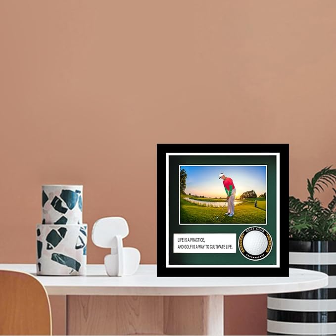 Golf Ball Case Display,9.8"x8.6"Golf Ball Holder Display,Hole in One Display Case,with 4x6 Photo Frame,Solid Wood HD Glass Golf Display (Black) ﻿