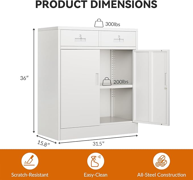 BESFUR Metal Storage Cabinet with 2 Lockable Drawers and 2 Lockable Doors, 36" H White Locking Storage Cabinet with Adjustable Shelf, Metal Cabinet for Home Office, Garage,School, Utility Room
