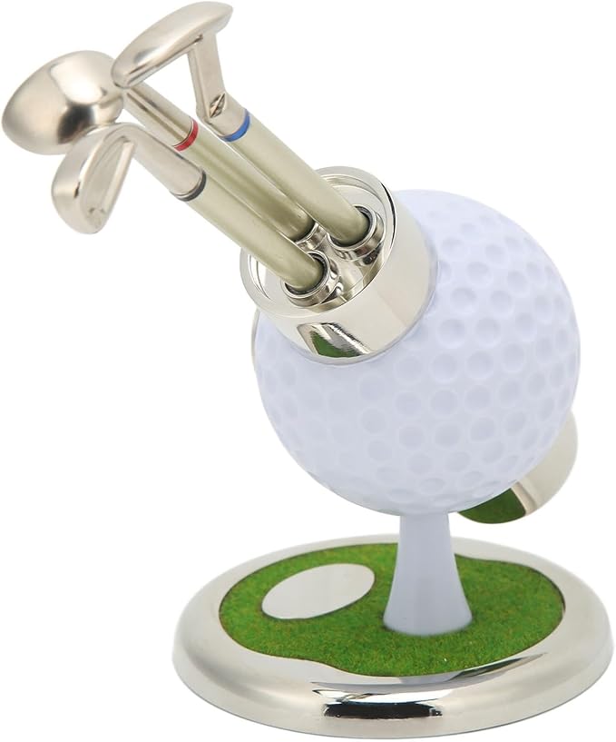 Golf Pen Holder Set, Elegant Simulation Zinc Alloy Clock Pen Container with 3 Pens for Office Desk Decor Father Gift Home Study Decoration
