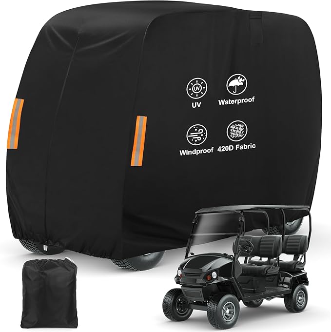 Golf Cart Cover 4 Passenger, 420D Heavy Duty Golf Cart Rain Cover with Waterproof Zipper and Reflective Strips, Universal Fits for 2+2/4 Seat Yamaha EZGO Honda Club Car