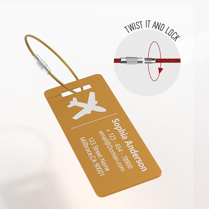 4 Pack Personalized Luggage Tags, Custom Engraved Aluminum Luggage Tags with Your Personalized Text, Waterproof Metal Name Tags with Steel Loop for Bags, Suitcase, Baggage, Backpack (Golden, Small)
