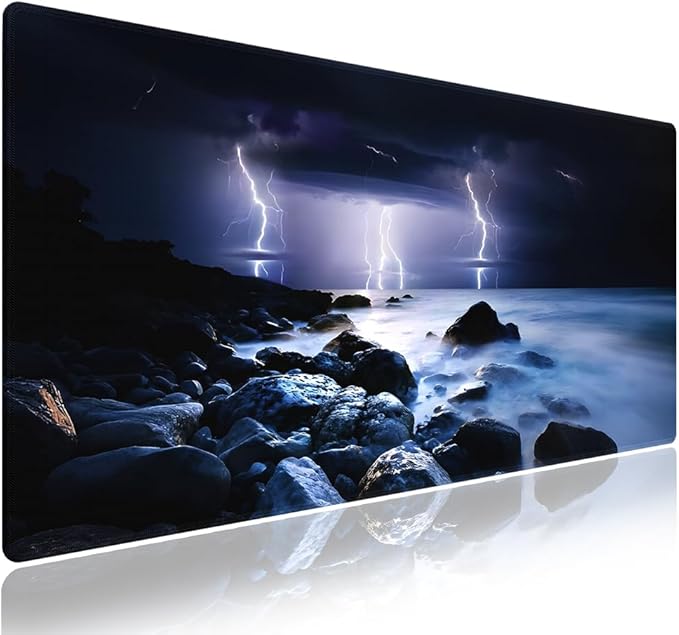 Wknoon. Extra Large Gaming & Office Mouse Pad (31.5" x 11.8") – Nature Lightning Summer Storm Bolts Over Rocks in Ocean Nightmare Theme Weather, Anti-Slip XXL Desk Mat with Durable Stitched Edges