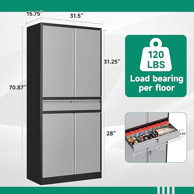 Letaya Metal Garage Storage Cabinet with Drawer,4 Door Tool Cabinet with Lock-2 Adjustable Shelves for Garage Home Office Utility Room (Black & Gray)