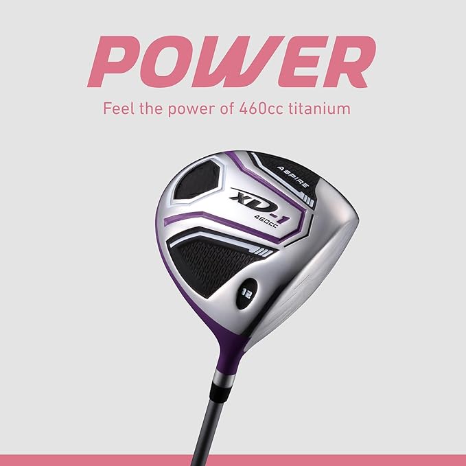 Aspire XD1 Womens Golf Clubs Full Set, Includes Driver, Fairway, Hybrid, 6-PW Irons, Putter, Stand Bag, 3 H/C's, Ultra-Light Graphite Shafts, Golf Clubs Women Right Handed, Comes in 3 Sizes, Purple