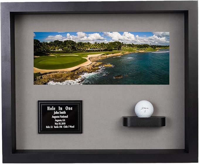 Hole in One Shadowbox and Golf Ball Display Case | Personalized Engraved Plate | Holds Golf Ball and Scorecard or Photo |4 Color Finishes | Wall Mounted (Horizontal, Black/Gray)