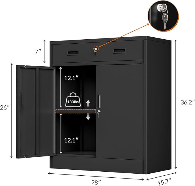 CJF Metal Storage Cabinet, Locking Storage Cabinet with Doors and 1 Drawer, 36" H x 28" W x 16" D Metal Cabinets for Office/Home/Garage -Black