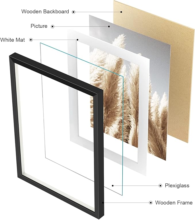 ArtbyHannah Gallery Wall Frame Set, 8 Pack Picture Frames Collage Wall Decor with Neutral Pampas Grass Art for Living Room, Assorted Size Including 11"x14", 8"x10", 5"x7"(Black Frame)