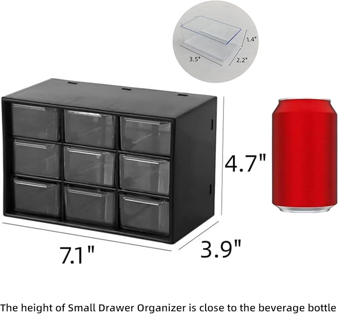 Feadily 4PCS Small Drawer Organizer for Desk, Desktop Drawer Organizer with 9 Clear Drawers, Plastic Desktop Storage Drawers 7.1 Inch x 3 .9 Inch x 4.7 Inch, Black