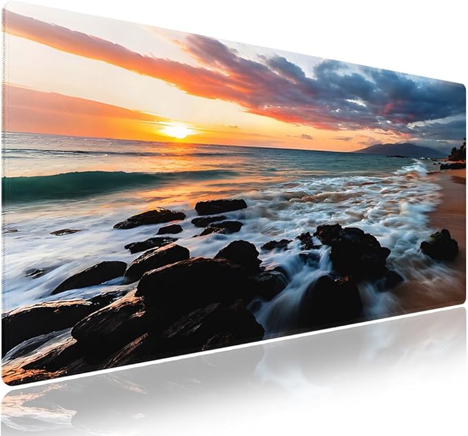 Wknoon. Extra Large Gaming & Office Mouse Pad (31.5" x 11.8") – Spectacular Scenery Sunset Maui Hawaii Beach Scenic with Rocks Gentle Sea Waves, Anti-Slip XXL Desk Mat with Durable Stitched Edges