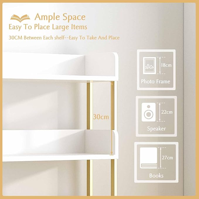 Wide Open Shelf Bookcase - Modern 5-Tier Freestanding Display Bookshelf with Three-Side Panels for Home and Office, Storage Shelving in Warm White with Gold Frame