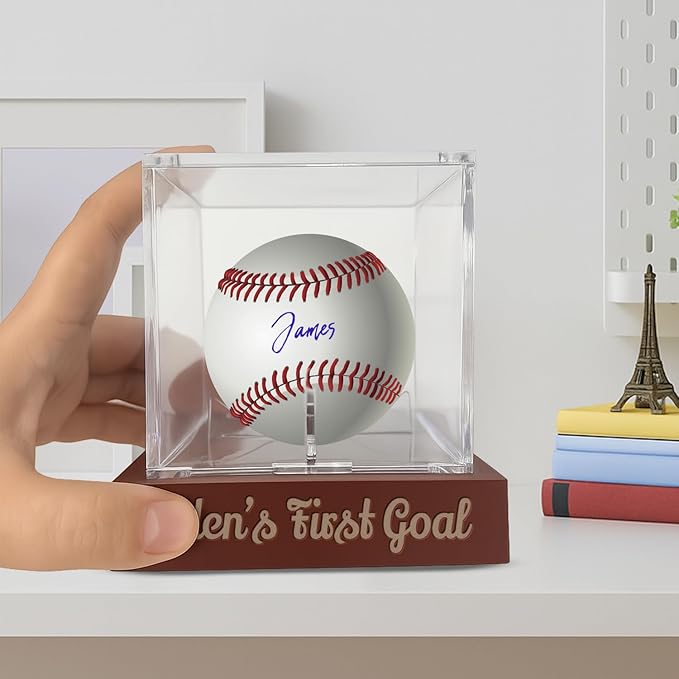 Personalized Engraved Baseball Display Case with Unique Pattern- Custom Wooden Individual Baseball Holder Box with UV Protected Clear Acrylic Cube, Wood Memorabilia Display Protecter for Collector Fan