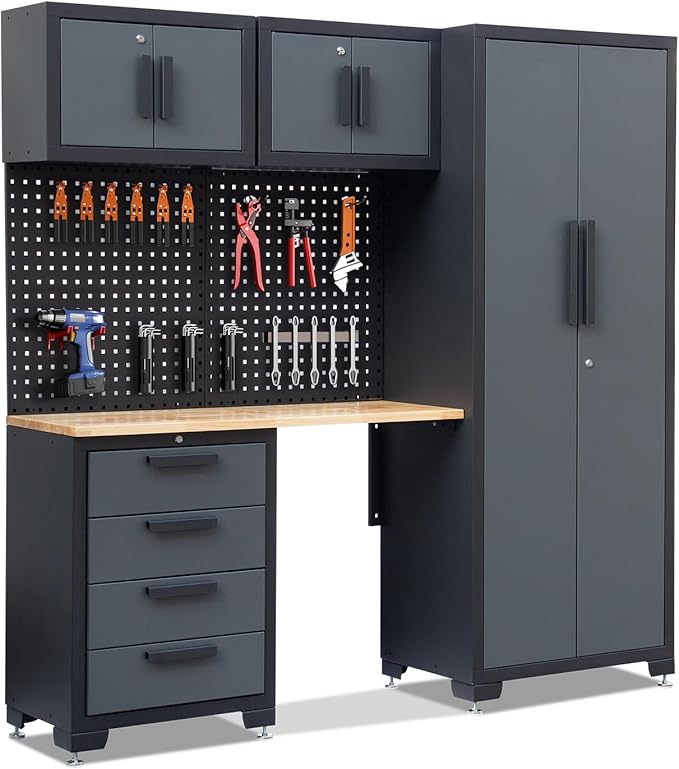 Garage Storage Cabinet System 7-Pcs Workshop Set Garage Cabinets and Storage System with Steel Cabinet Drawers, Workbench, Pegboard for Tool Organization