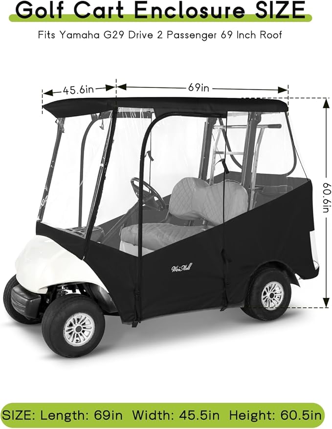 Golf Cart Enclosure 2 Passenger for Yamaha G29 Drive 2 600D Waterproof Windproof Driving Rain Cover Fit 2-Seater Short Roof with 4-Sided Clear Windows Mirror Openings Roll-up Zipper Door Black