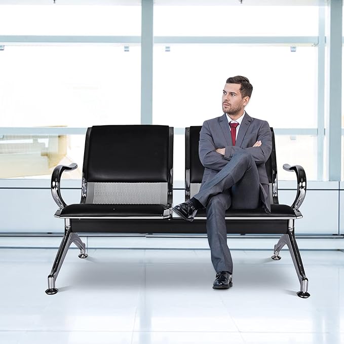 Kinfant Waiting Room Chair Bench - Guest Reception Chairs for Airport Hospital Bank Salon Barber Hall Room Conference (2-seat, Black-Mesh+PU)