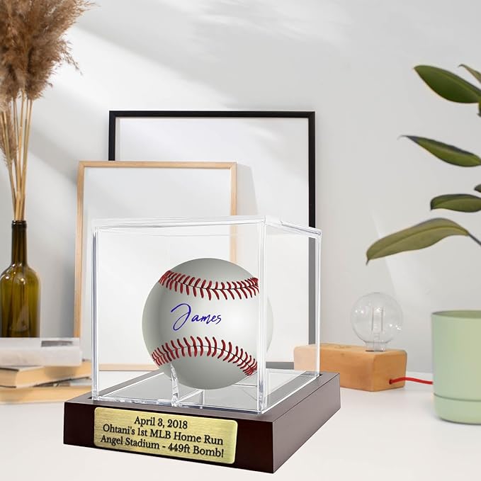 Custom Engraved Baseball Display Case - Personalized UV Protected Clear Acrylic Cube on Wooden Base with Metal Plate for Signed Baseballs and Memorabilia,Unique Gift for Baseball Collectors & Fans