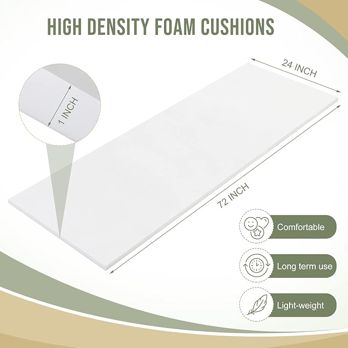 Frienda 2 Pcs Upholstery Foam 1" x 24" x 72" High Density Cushion White Polyurethane Craft Foam Padding for Seat Replacement DIY Projects Chairs Headboards Sofas Home