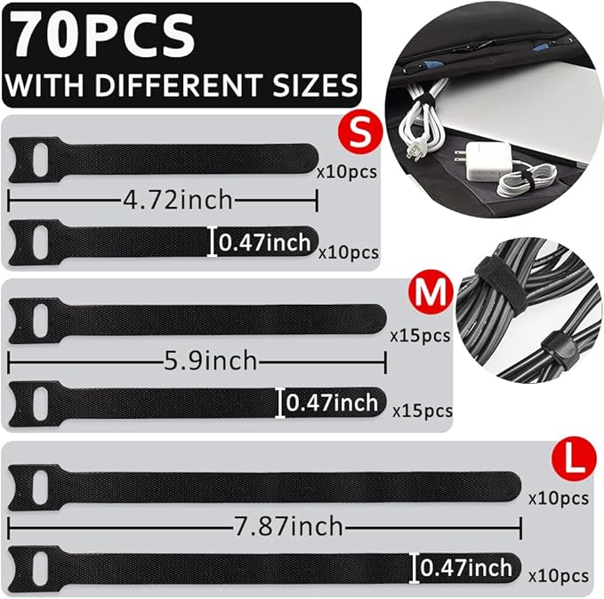 70pcs Cable Ties Reusable Black Wire Ties Cable Management Cord Ties Reusable for Electronics Hook and Loop Cable Ties for Computer 4 6 8 Inch