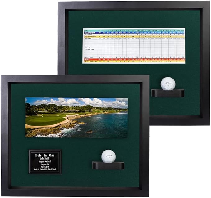 Hole in One Shadowbox and Golf Ball Display Case | Personalized Engraved Plate | Holds Golf Ball and Scorecard or Photo | Horizontal Layout | Black Finish | Wall Mounted