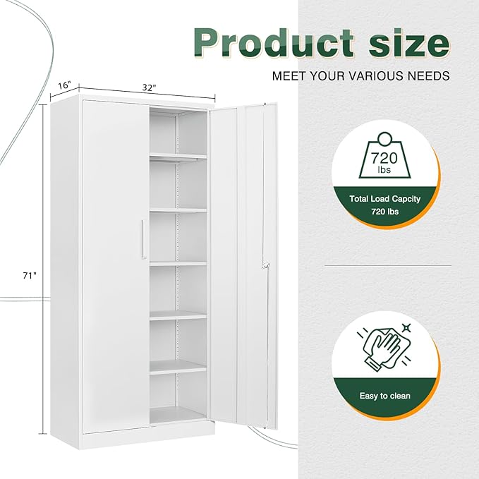 Letaya Metal White Storage Cabinet with Lock-71 Tall Metal Pantry Cabinets,5 Adjustable Shelves and Door for Home,Office,Kitchen,Warehouse,Utility Room(White)