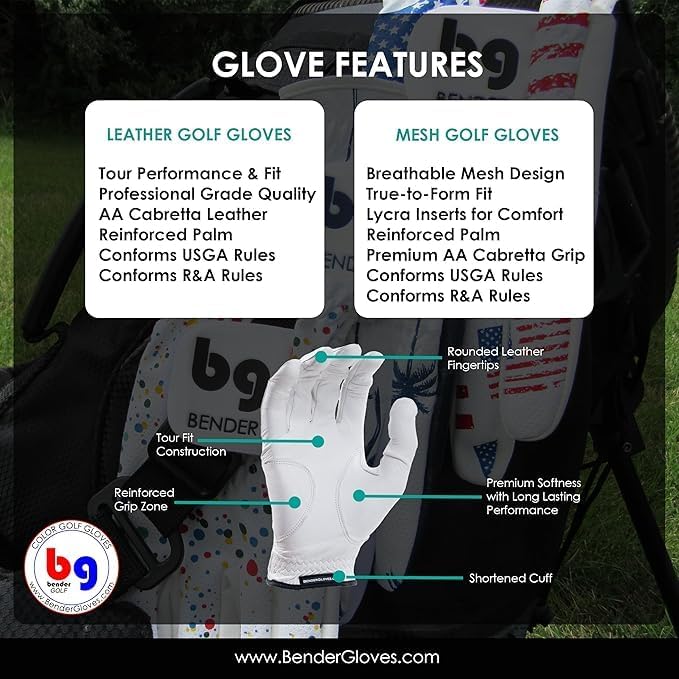 BG Bender - Mens Golf Glove, Durable Leather Golf Gloves, Unique Golf Gloves