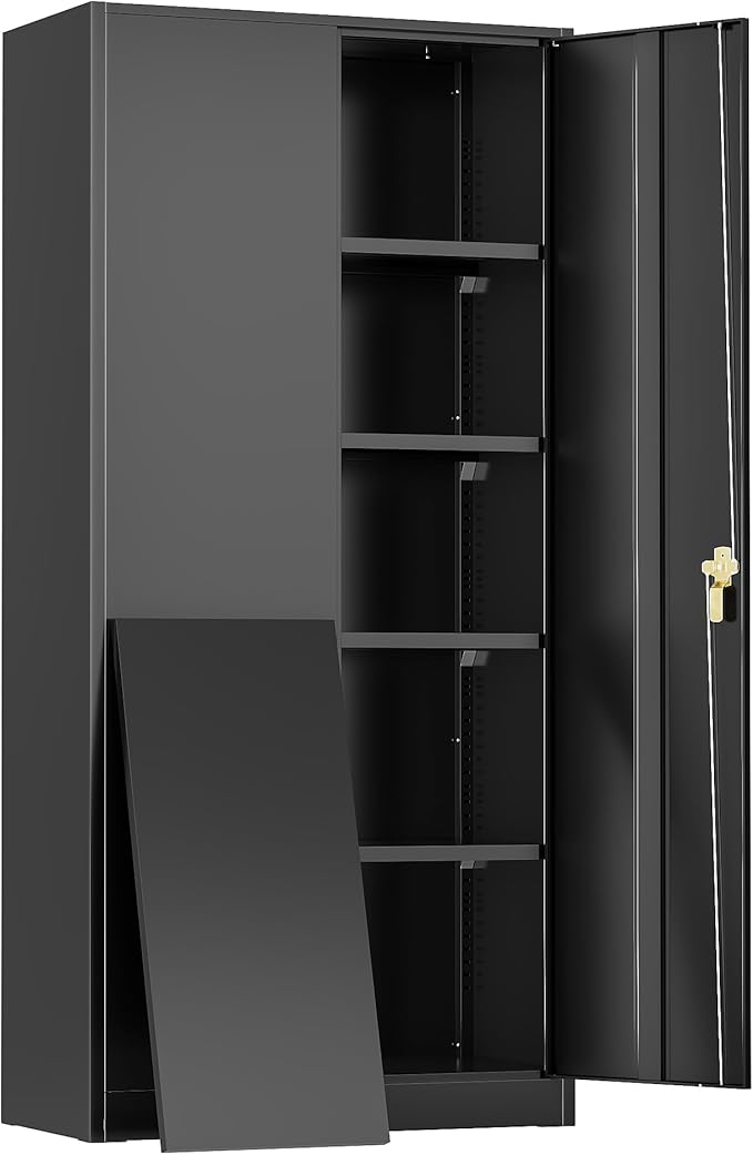 Greenvelly Metal Lockable Storage Cabinet, 72” Tall Storage Cabinet with 2 Doors and 4 Adjustable Shelves for Office, Home, Garage, Pantry (Assembly Required, 18”D, Black)