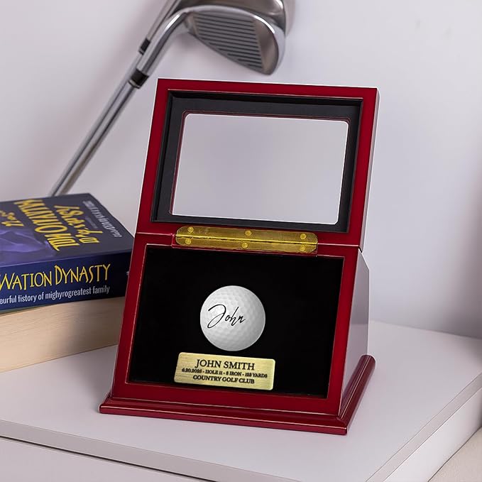 Custom Golf Ball Display Case for Hole-in-One Balls - Premium Walnut Wood Memorabilia Box with Engraved Metal Plate, UV Protection & Single Ball Holder for Dad, Husband