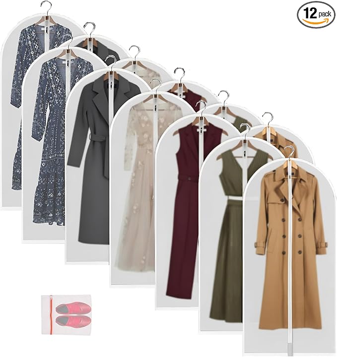 Clear Garment Bags Clothes Covers Protecting Dusts (set Of 12) For Storage Plastic Garment Bags Hanging Clothes Bags with Zipper Gown Garment Bag for Long Dresses - 24'' X 60''/12 Pack