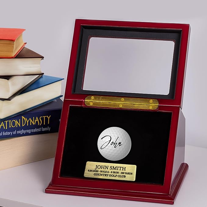 Custom Golf Ball Display Case for Hole-in-One Balls - Premium Walnut Wood Memorabilia Box with Engraved Metal Plate, UV Protection & Single Ball Holder for Dad, Husband