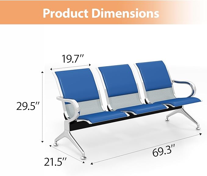 Kinfant 6-Seat Waiting Room Chairs with Arms – Heavy-Duty Steel Frame PU Leather Back & Cushioned Seat, Ergonomic Office Reception Guest Chair for Lobby, Clinic, Airport, Blue