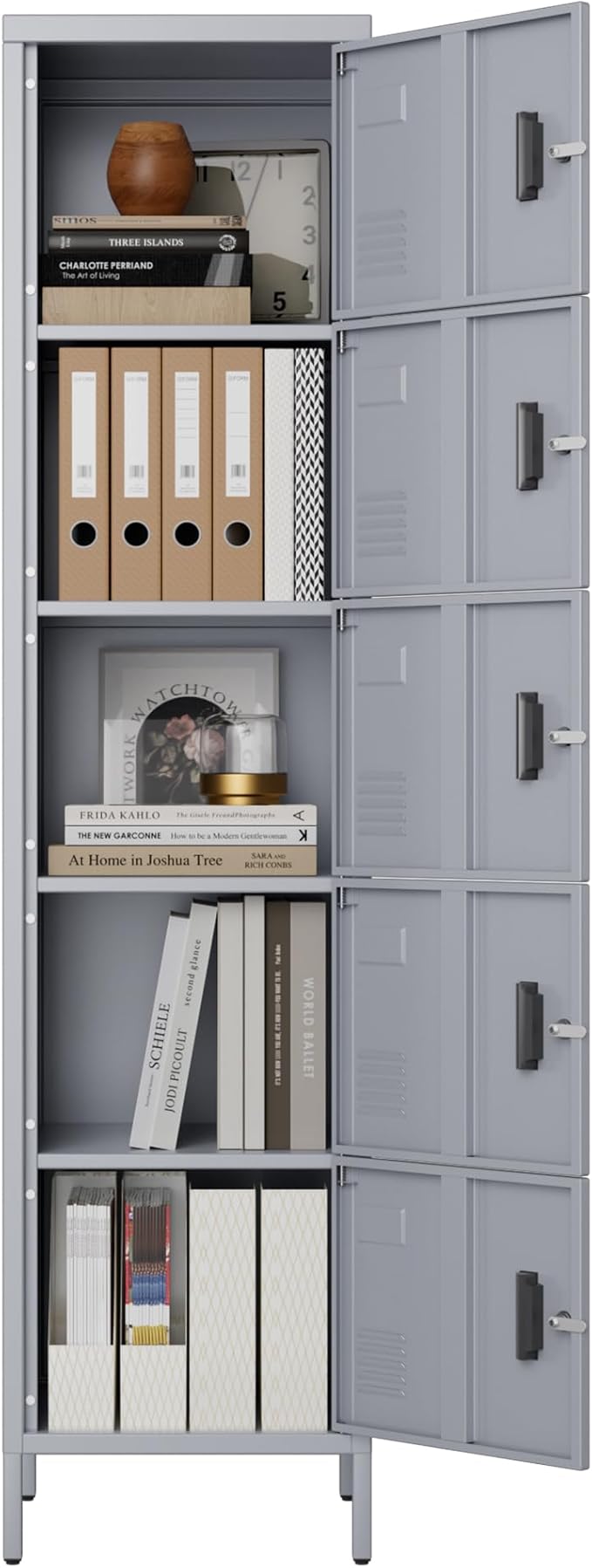 Aobabo 16" W 5 Door Metal Storage Locker with Lock, 66" H Steel Locker with Name Card Holder and Metal Leg for School, Home, Office, Playroom, Assembly Required, Dark Grey