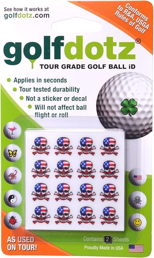 Golfdotz - USGA Rule Conforming Novelty Golf Ball Markers, Golf Ball Stickers for Marking Balls, No More Smearing from Stamps, Gifts for Golfers, Dads, and Retirees, (USA Collection; 32-Count)