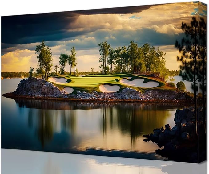 chenchenArt Sunset Landscape Golf Course Wall Art Picture Golf Course Wall Decor for Living Room Bedroom Bathroom Home Decorations Canvas Prints Framed Ready to Hang(12''H x 16''W)