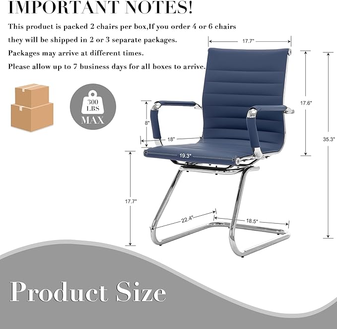 CIMOTA Waiting Room Chairs Leather Office Guest Chair Mid Back Reception Chairs with Sled Base for Meeting/Patient/Conference Room, Navy Set of 4