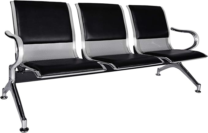 Waiting Room Chairs Guest Reception - 3-Seat Waiting Room Bench with Arms Airport Reception Bench Guest Reception Chairs PU Leather Office Chair for Airport Market Bank Hospital School, Black