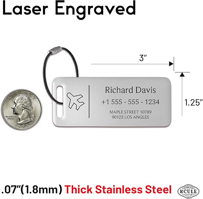 Personalized Luggage Tags for Suitcases 4 Pack - Stainless Steel Custom Luggage Tags for Backpacks & Bags, Sturdy, Waterproof & Heavy Duty (Silver / 3" x 1.25")