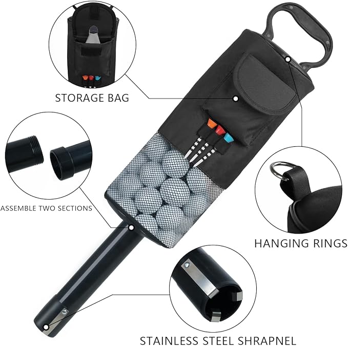 HOW TRUE Golf Ball Retriever, Portable Shag Bag Golf Ball Pick Up with Removable Plastic Tube, Pocket Shagger Storage