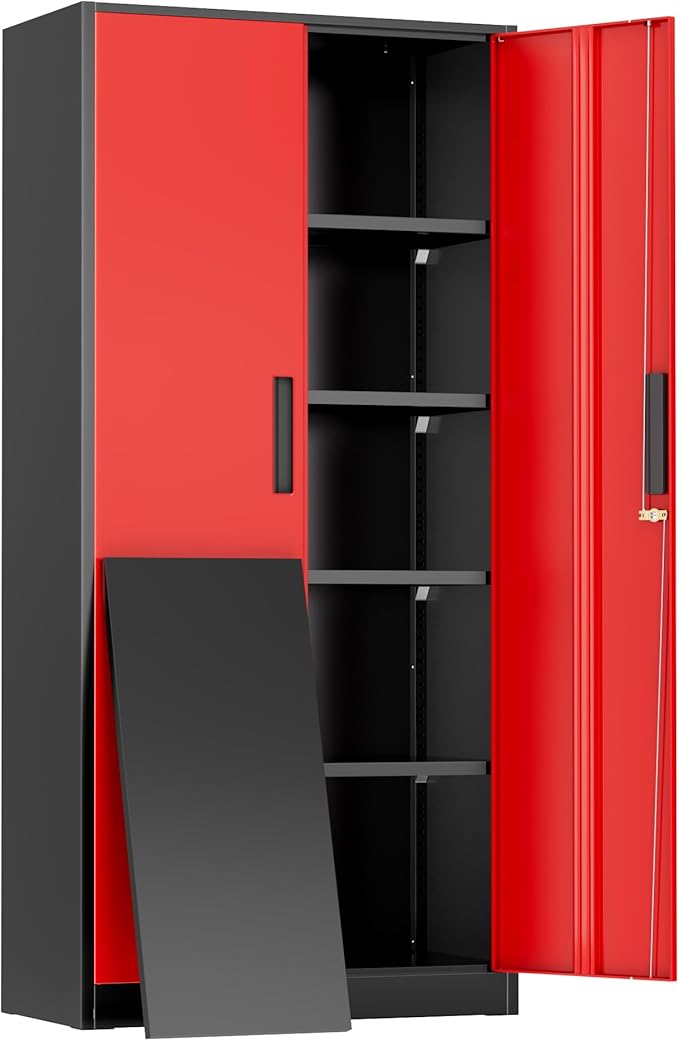Greenvelly Metal Garage Storage Cabinet, 72" Black Red Tool Steel Locking Cabinet with Doors and 4 Shelves, Tall Cabinets for Garage Storage Systems Lockable File Cabinet for Home Office,Garage