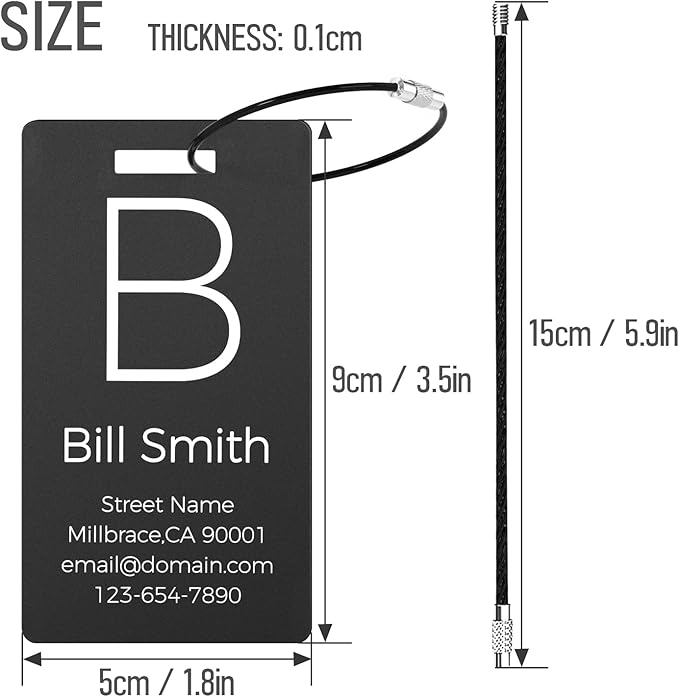 Personalized Metal Luggage Tags, Custom Suitcase Aluminum Name Tags with 5.9in Steel Ring, Laser Engraved Text and Logo, for Travel Gift, Baggage, Golf Bag (Black)