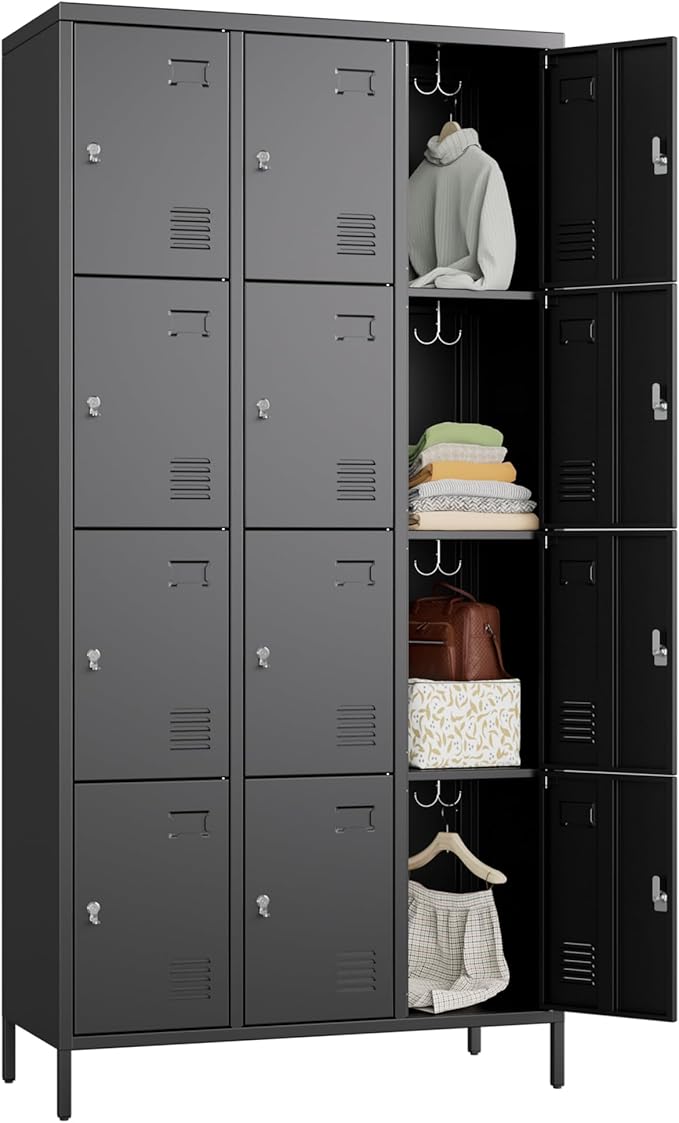 METAN Metal Locker for School Office Gym Bedroom, 12 Doors Black Steel Storage Locker Cabinet for Employees, Industrial Storage Locker, Assembly Required (12 Door-Black)
