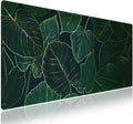 Extended XXL Gaming Mouse Pad with Stitched Edges for PC Home & Office - Lush Green Leafy Pattern with Golden Edges Palm Texture, Smooth Fabric Surface Anti-Slip Natural Rubber Base Large Desk Mat