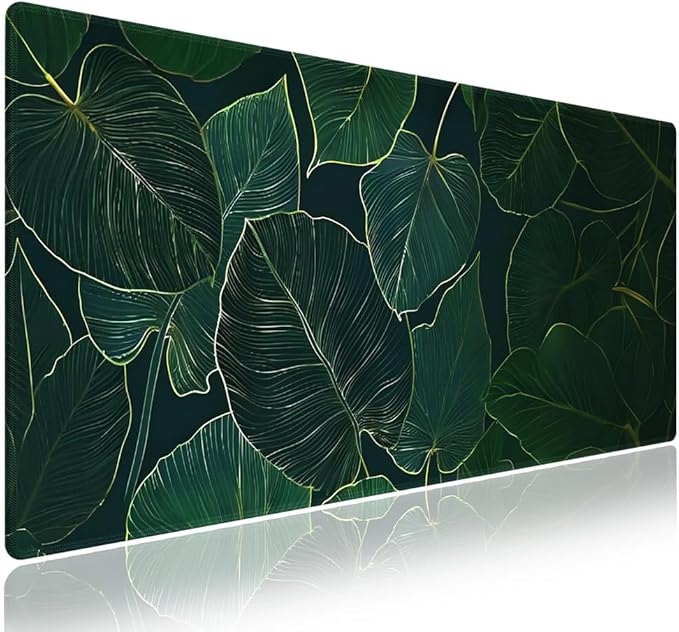 Extended XXL Gaming Mouse Pad with Stitched Edges for PC Home & Office - Lush Green Leafy Pattern with Golden Edges Palm Texture, Smooth Fabric Surface Anti-Slip Natural Rubber Base Large Desk Mat