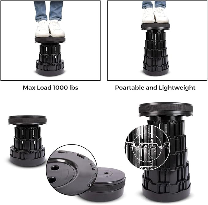 Upgraded Collapsible Stool – Easy to Carry retractable Stool - Lightweight telescoping stool for Camping & BBQ –Sturdy Portable Stool - Slip Resistant Telescopic Stool with Max Load Capacity 1000lbs