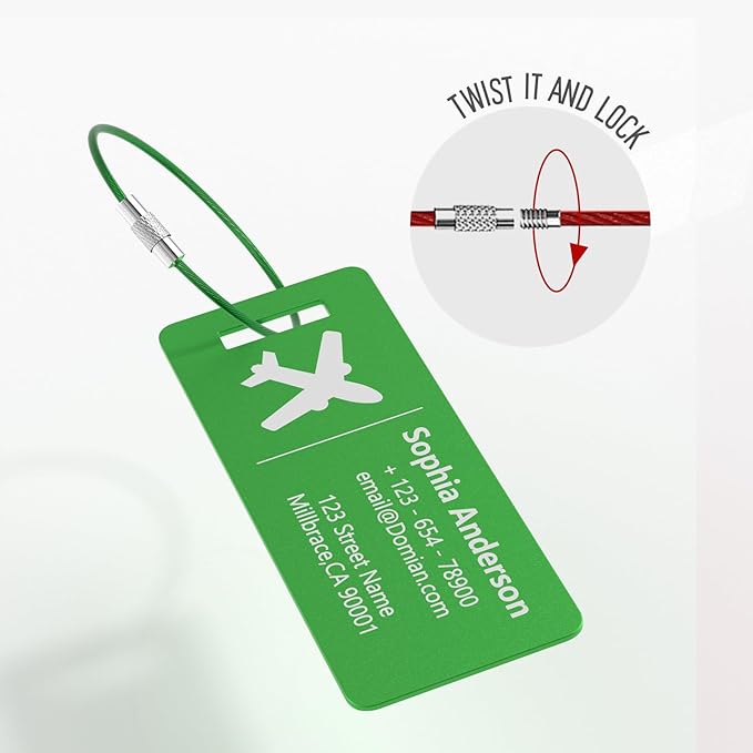 10 Personalized Metal Luggage Tags, Custom Suitcase Aluminum Name Tags with Steel Ring, Laser Engraved Name and Logo, for Travel, Backpack, Baggage, Golf Bag (Green)