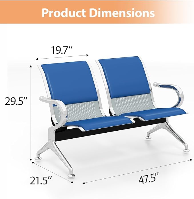 Kinfant 2-Seat PU Leather Waiting Room Bench – Blue Reception Chair for Office, Hospital, Bank, Salon, Airport