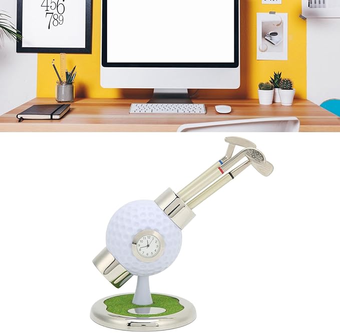 Golf Pen Holder Set, Elegant Simulation Zinc Alloy Clock Pen Container with 3 Pens for Office Desk Decor Father Gift Home Study Decoration